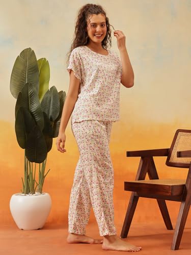 Image of Clovia Women's Floral Print T-Shirt & Pyjama Korean Night Suit for Girls | Rayon Korean Night Dress Set | Comfortable Multicolor Sleepwear
