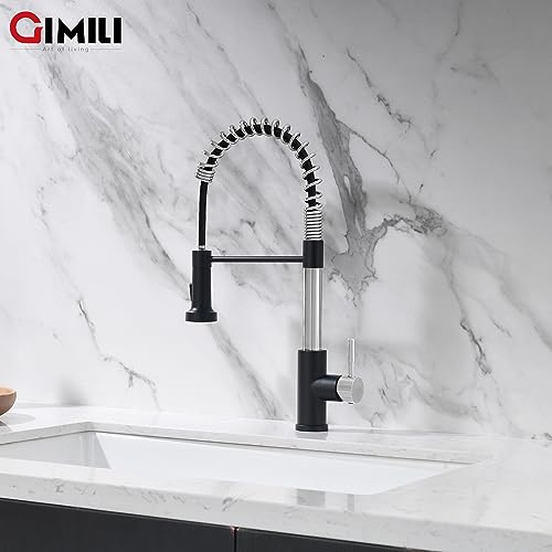 Image of GIMILI Kitchen Faucet with Pull Down Sprayer Single Hole Stainless Steel Sink Faucet, Suitable for Farmhouses, RV, Laundry Room, Outdoor, and Campers. Llave para fregadero de cocina Nickel and Black