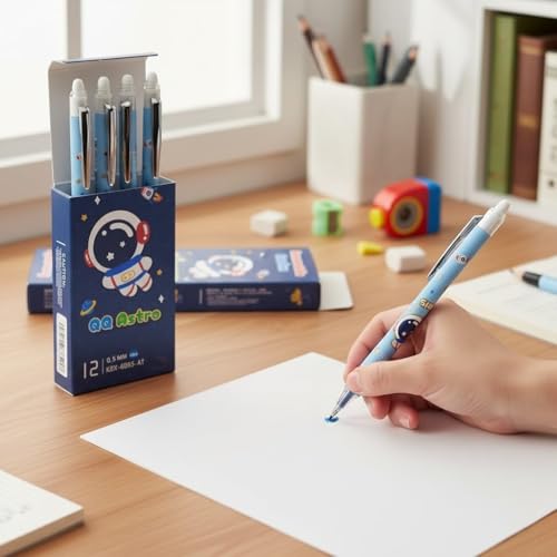 Image of FAMOUS QUALITY 12 Pc Astronaut Theme Stylish Retractable 0.5mm Erasable Gel Pen, Blue Ink | Smooth Writing | Refillable Gel Pen | Kawaii Stationery for Kids Birthday Party Return Gift - Blue Ink