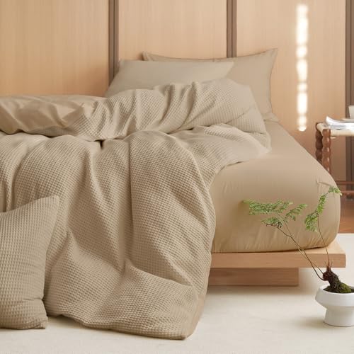 Image of Wake In Cloud - Waffle Cotton Comforter Set, 100% Cotton Fabric Bedding, Waffle Weave Knit Textured Neutral Farmhouse Soft Lightweight, 3 Pieces, Tan, King Size