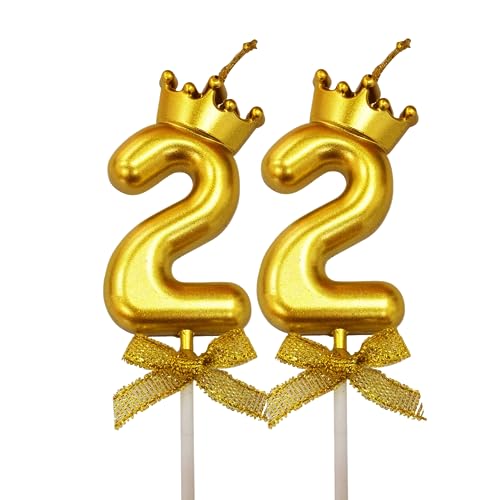 Image of 2 Pc 22 Number Candle for Birthday Cake Metallic 22nd Birthday Cake Decoration Twenty Two Candle with Crown on Top Cake Topper 0-9 Number Candles for Anniversary (Pack of 2, Gold)