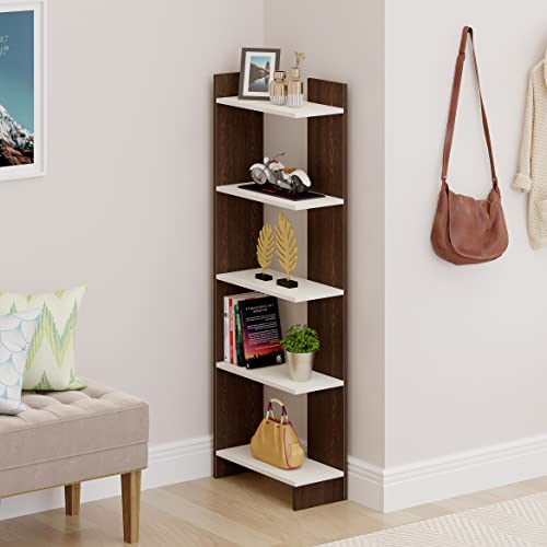 Image of BLUEWUD Lagoon Engineering Wood Multipurpose Floor Corner Stand Bookshelf with Home Decor Display Shelves Wall Book Storage Rack Organizer Cabinet Living Room Bedroom Office Home (Wenge & White)