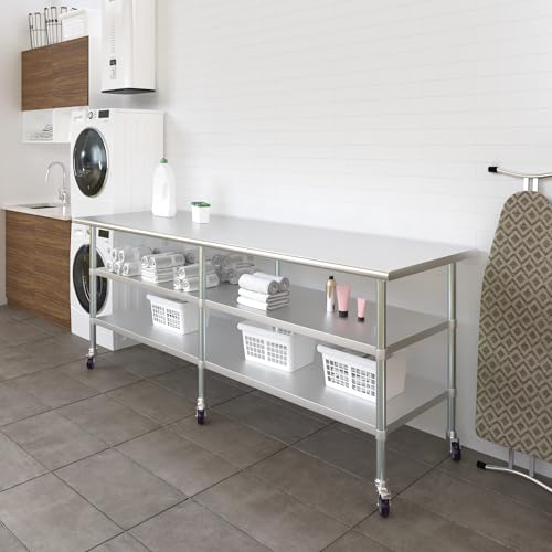 Image of AmGood Stainless Steel Work Table with 2 Shelves and Casters | Metal Utility Table On Wheels (Stainless Steel, 96 inch Long x 30 inch Deep)