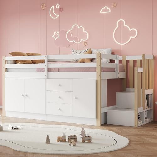 Merax Hochbett 90x200cm, Kinderbett mit Schrank und Treppe, Etagenbett mit Großer Stauraum, für Jungen, Mädchen, Weiß und Holzfarbe (Ohne Matratze)