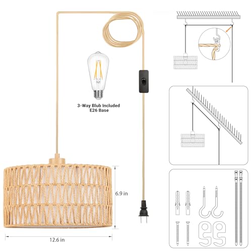 Boho Hanging Lights Rattan Hanging Lamp Plug in Pendant Light Ceiling Light Fixture, 3-Way Dimmable Bulb Included - Image 6