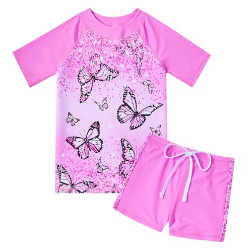 Image of AIDEAONE Girls Rash Guard Swimsuit Short Sleeve Two Piece Bathing Suit Size 3-12T