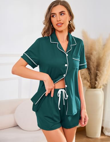 Image of Pajama Set for Women 2 Piece Sleepwear Short Sleeve Button Down Pj | Cotton Loungewear Shorts Set,Sexy Classic Notch Collar Sleep Wear,Lounge Set for Sleeping,Wedding Bridal,Pajama Party