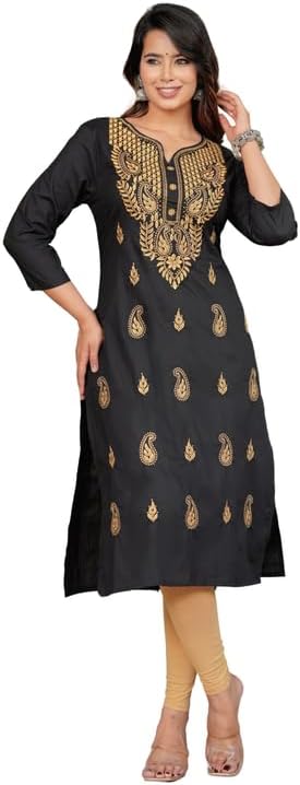 JG JAI GOVINDAM Indian Hand Embroidered Chikankari Cotton Straight Top Tunic Kurti long kurtis for Women