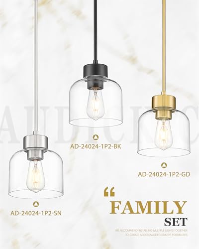 Image of 2-Pack Brushed Nickel Kitchen Pendant Lights, 7 inch Clear Glass Shade