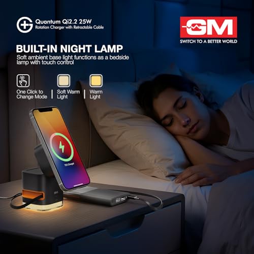 Image of GM G+ Quantum Qi2.2 25W Magnetic Wireless Charger | 5-in-1 Charging Station for iPhone, Apple Watch & AirPods | Infrared Hand-Wave Rotation, Night Lamp, Retractable 100cm Type-C Cable (Matte Black)