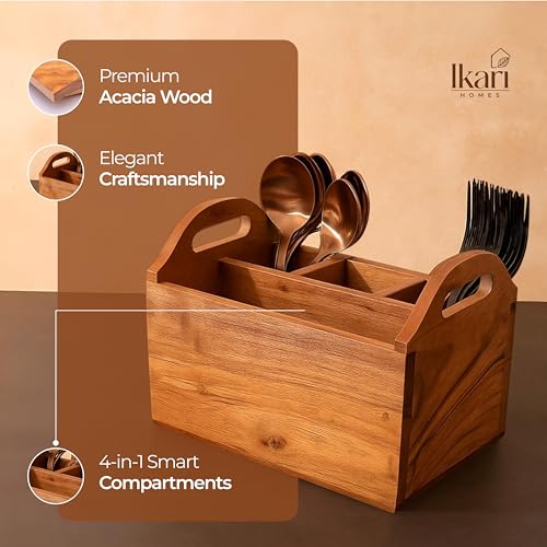 Image of Ikari Homes Premium Cutlery Stand I Boho Wooden Caddy I Spoon knife Fork Tissue Holder Stand I Cutlery Stand I Premium Acacia Wood I Bigger size with 4 Multi compartments - 8 x6 inches
