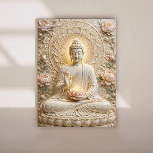 Image of PAINTINGMANTRA Spiritual Buddha Painting for Living Room, Buddha wall Art Painting for living room, Bedroom, office and Meditation Room, Canvas, 16x22 Inch