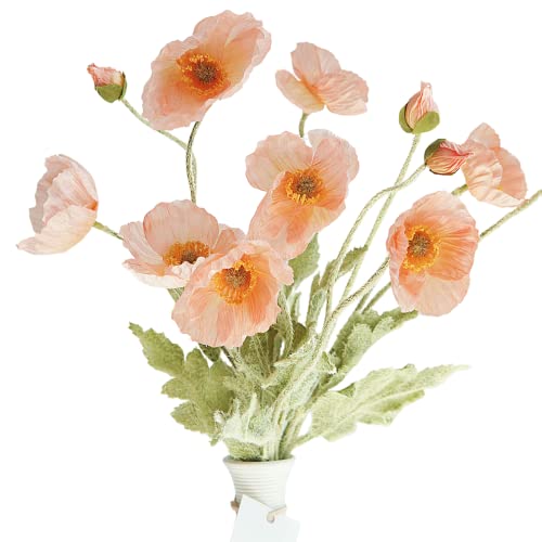 Kamang Artificial Poppy Coral Silk Flowers (3 Stems) for Home Decor and Wedding. Faux Poppy Flowers. Artificial Poppy Flower Arrangement and Centerpiece. Coral Silk Flower (Peach Coral)