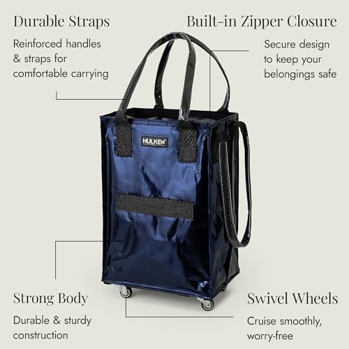 (Small, Midnight Blue) Reusable Grocery Bag On Wheels, Shopping Trolley, Rolling Tote, Zipper Closure, Lightweight, Carries Up to 66 lb, Folds Flat