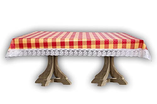 Image of The Furnishing Tree Waterproof PVC Rectangle Shaped 12 Seater Table Cover WxL 60x140 inches Plaid Pattern Maroon with White Border lace