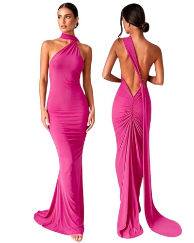 Image of Suillty Women's Sexy Oblique Shoulder Backless Maxi Dress Ruched Back Strap Sleeveless Party Club Long Dresses Bodycon