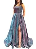 Prom Dresses Long A Line with Pockets Formal Evening Ball Gowns Side Slit Glitter Party Dress 2025 Steel