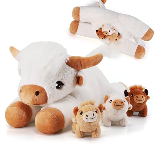 Image of 4 Pieces Highland Cow Stuffed Animals - 1 Mommy Stuffed Highland Cow with 3 Babies - White Cow Gifts for Girls Age 3-8, Cows Plush Toys for Christmas, Valentine's, Birthday Gifts (White)