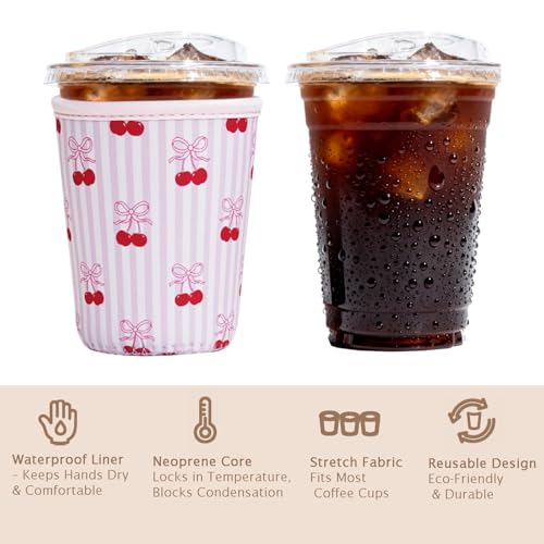 Image of Reusable Insulated Sleeve for Iced Coffee Cup, 3-Pack Coffee Neoprene Drink Sleeve for Cold & Hot Drinks, Beverage Holder for Iced Coffee (Pink Striped Cherries)