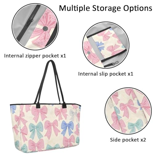 Large Beach Bag for Women, Bows Colorful Pattern Travel Tote with Pockets Waterproof Shoulder Handbag2