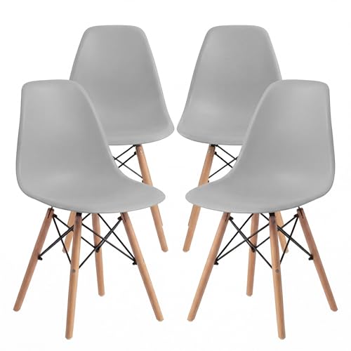 Image of Furmax Dining Chairs Set of 4, Mid Century Modern Plastic Dining Chair w /Curved Backrest & Wood Legs, DSW Shell Lounge Side Chair for Dining Room Living Room Apartment, Kitchen Chairs (Grey)