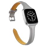 TOYOUTHS Leather Strap Compatible with Fitbit Versa Bands, Slim Genuine Leather Wristbands Replacement for Versa Lite Special Edition Versa Classic Accessories Pins Gray+Silver Buckle