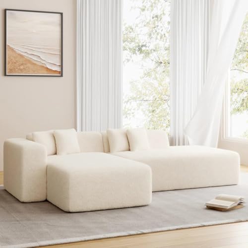 Image of Modern Classic L Shape Sectional Sofa Set, Chesterfield Style 4 Seater Sofa Set with Pillows for Living Room, Bedroom and Office and Hallway Colour (Beige L-S)
