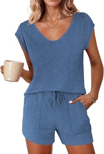 Image of Ekouaer Womens Pajama Sets 2 Piece Lounge Sets Comfy Short Sleeve Tops and Shorts Cute Pjs Outfits Set S-XXL