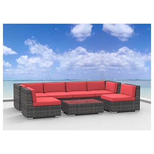 Urban Furnishing.net - OAHU 7pc Modern Outdoor Wicker Patio Furniture Modular Sofa Sectional Set, Fully Assembled - Coral Red