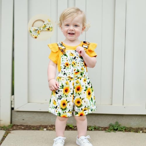 Newborn Baby Girl Summer Clothes Ruffle Ribbed Short Sleeve Romper Daisy Suspender Overall Shorts Cute Summer Outfit3