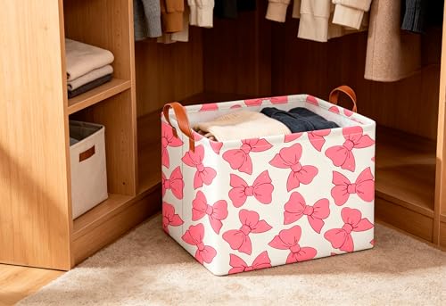 Image of CLOCOR Rectangular Gift Basket Empty,Waterproof Storage Basket with Handles,Books Box,Room Decor(Pink Bowknot)