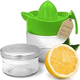 Recibirás nuestro exprimidor de limones con dos recipientes de cristal y tapa de rosca en un embalaje sin plástico. Calidad de marca alemana de SYMPAA que incluye 30 días de devolución de dinero. Convéncete tú mismo