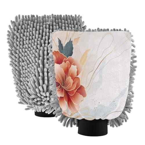ALAZA Red Flower White Marble Car Wash Mitt Scratch Free, 2 Pack Absorbent Microfiber/Chenille Washing & Drying Mitts, L