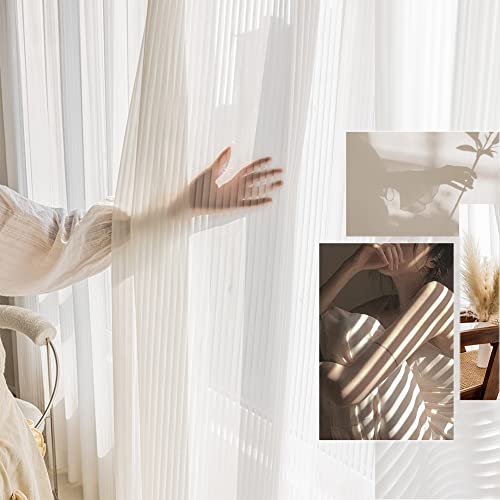 Image of Treatmentex White Striped Sheer Curtains for Living Room Voile Drapes 63inch Length Light Filtering Sunshine Semi Sheer Chiffon Window Curtains for Home Office Bedroom 52 inch w 2 Pack Grommet Top
