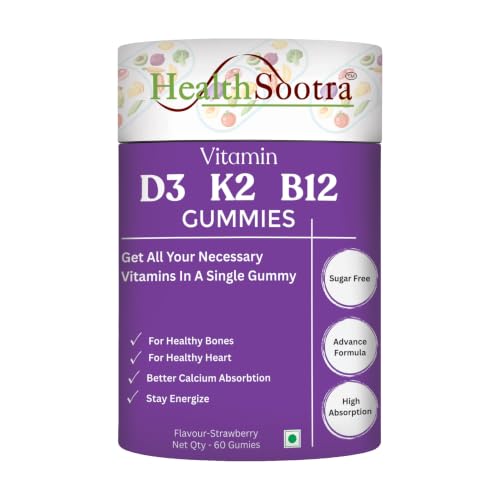 Image of Vitamin D3 K2 B12 Gummies | 60 Gummies | Strawberry Flavour | Sugar Free Vitamin | Daily Wellness with Vitamin D, Vitamin K2 & Vitamin B12 supplements for Bone Health