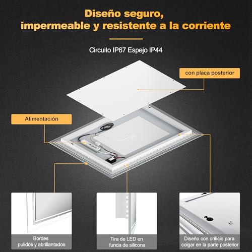 Miniatura 8 de Sonni Espejo De Baño Con Iluminación, 50 X 70 Cm, Espejo De Baño Led Antivaho Con Interruptor Táctil, Interruptor De Pared Ip44