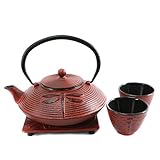 Cuisiland Dragonfly Cast Iron Teapot Set with 2 Cups 27oz Red