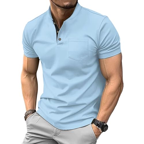 Men Classic Comfy Chest Pocket T-Shirt Quarter Button Relaxed Fit Polo Shirts Summer Business Pullover Tops (Light Blue,X-Large)