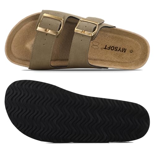 mysoft Womens Flat Sandals Cork Footbed Slides 2 Straps Adjustable Buckle Slip On Summer with +Comfort Shoes3