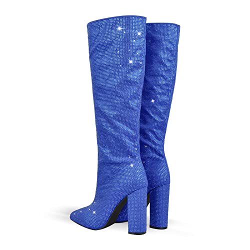 Onlymaker Women's Rhinestone Knee High Boots Chunky Heel Pointed Toe Pull on Glitter Party Sexy Mid Calf Boots3