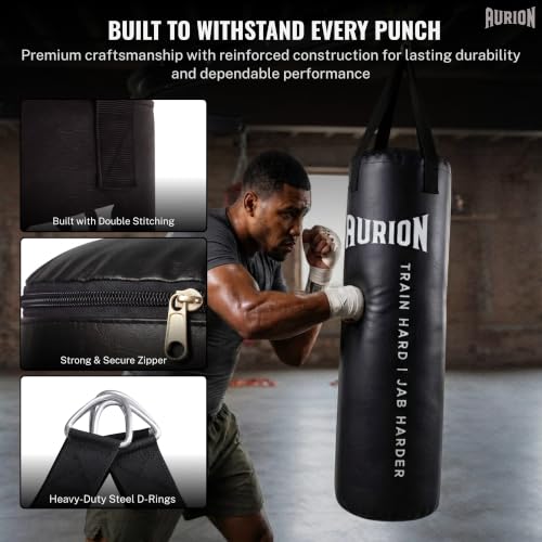 Image of Aurion 4ft Punching Bag for Home - Durable SRF Boxing Punching Bag, Pre-Filled, Heavy-Duty Hanging Straps, Shock Absorbing, Multi-Sport Use, Unisex Gear, Indoor /Outdoor