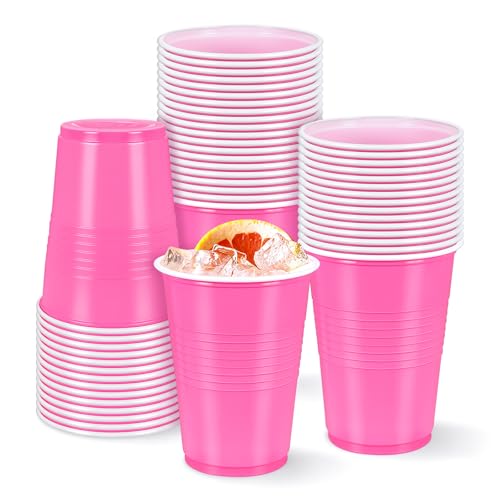 BOHUIZ 50 Pcs Pink Solo Cups 16 Oz Pink Plastic Cups Disposable Cups Party Cups for Drinking Tastings served Snacks Barbecues Picnics