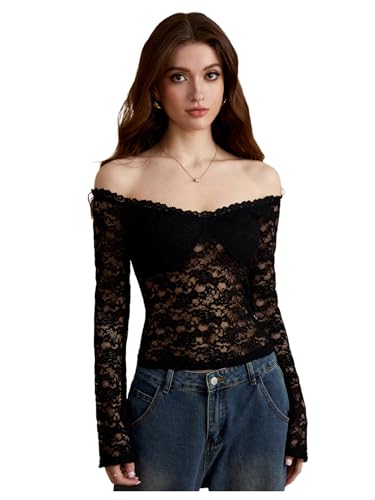 Women's Floral Lace T Shirt Off The Shoulder Long Sleeve Sheer Party Club Crop Tops