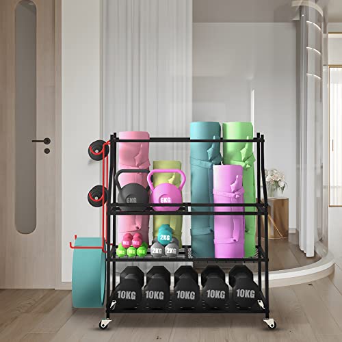 Vilawlence Home Gym Storage Rack Cart For Dumbbells For Large Rolling Yoga Mat Dumbbells Kettlebells And Strength Training Equipment, Dumbbell Weight Rack With Wheels And Hanging Hooks #TOP7