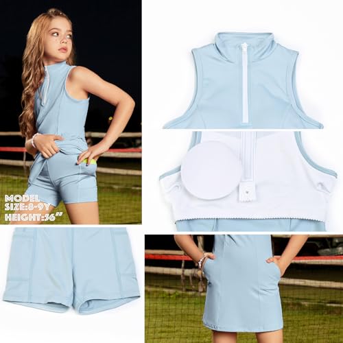 Image of Perfashion Girls Tennis Dress 1 /4 Zip Golf Outfit Built-in Bra & Shorts Pickleball Athletic Dress Workout Pockets 4-13Y