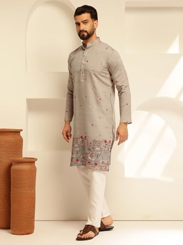 Image of SOJANYA (Since 1958 Men's Festive Cotton Silk Designer Kurta with Daman Embroidered Detailing | Perfect for Navratri, Diwali & Special Occasions