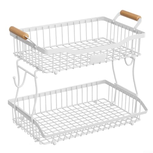 FACULX Panier à fruits en métal à 2 niveaux, organiseur de comptoir avec crochet pour banane, support de rangement de cuisine, présentoir pour fruits, légumes, pain (blanc)