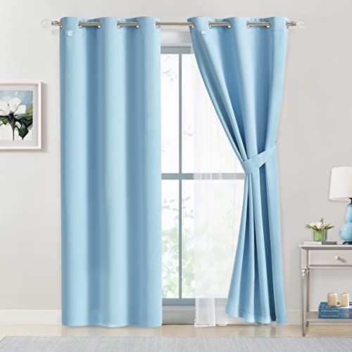 Image of Bujasso Sky Blue 80% Blackout Curtains with Sheer Overlay Mix and Match Double Layer Thermal Insulated Window Panels 84 inch for Living Room Bedroom Blue Drapes with Tiebacks Grommet Top 37 inch Wx84 Lx2