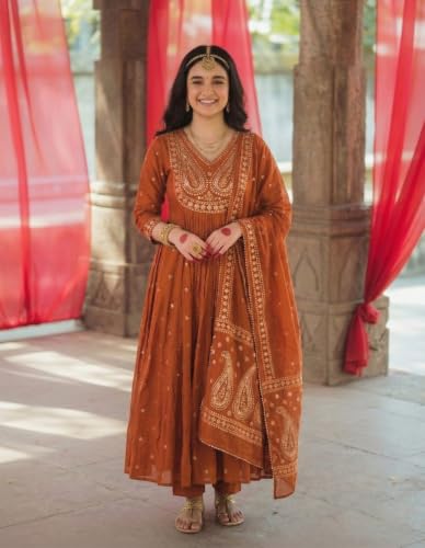 Image of GoSriKi Rust Anarkali Kurta Set for Women with Dupatta | Cotton Kurti Set for Woman | Embroidered Anarkali Suit for Women Kurti Pant Set with Dupatta | Suit Set for Women Latest