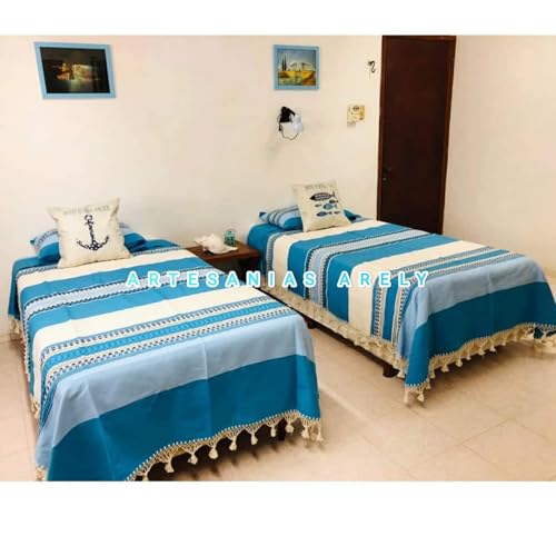 La Mejor Recopilación de Colchas y cubrecamas los mejores 10. 43 Genérico Colcha Artesanal de Oaxaca Tonos Azules. Colcha de Algodón para Playa. Cubrecama de Oaxaca Modelo Mar y Cielo. Diferentes Tamaños (Individual)